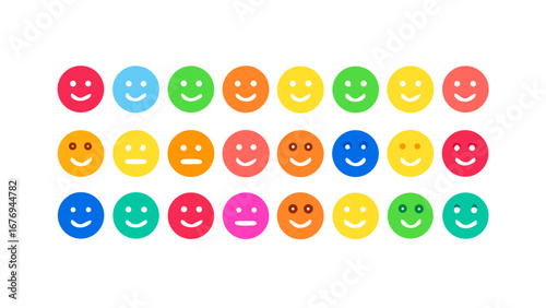 Colorful smiley faces in rows icons happy