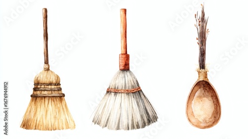A collection of three different types of brooms and a wooden spoon, showcasing various textures and materials, ideal for home decor or kitchen themes
