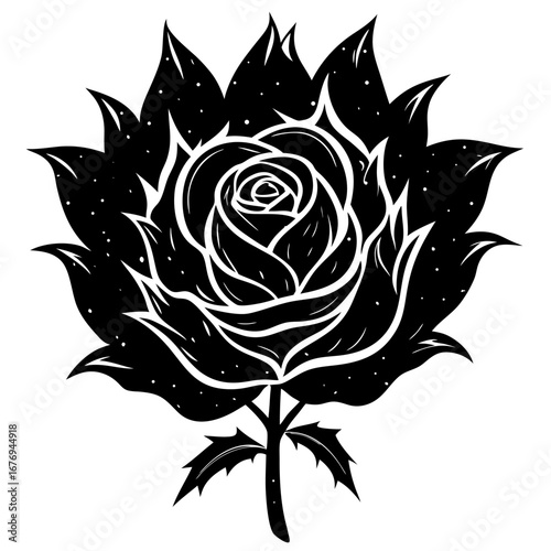 A stylized black and white illustration of a celestial rose, its petals and leaves filled with a starry night sky pattern.