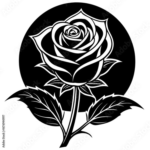 A stylized black and white illustration of a single rose in full bloom, set against a solid black circular background.