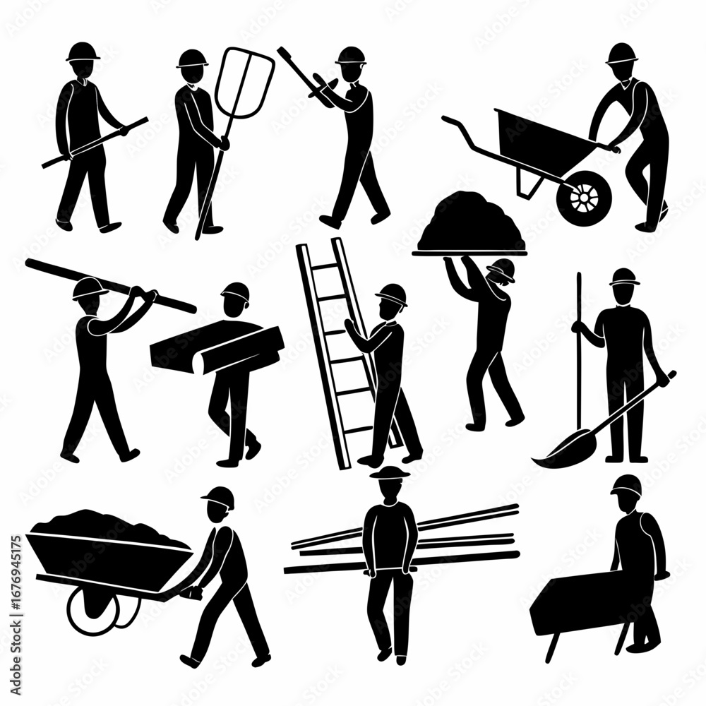 Obraz premium Construction workers with tools and materials building shovel