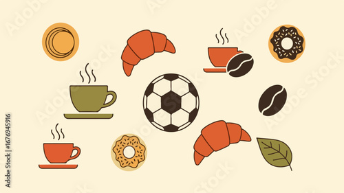 Flat Lay Composition Coffee Break Football Minimalist Style Graphic Illustration