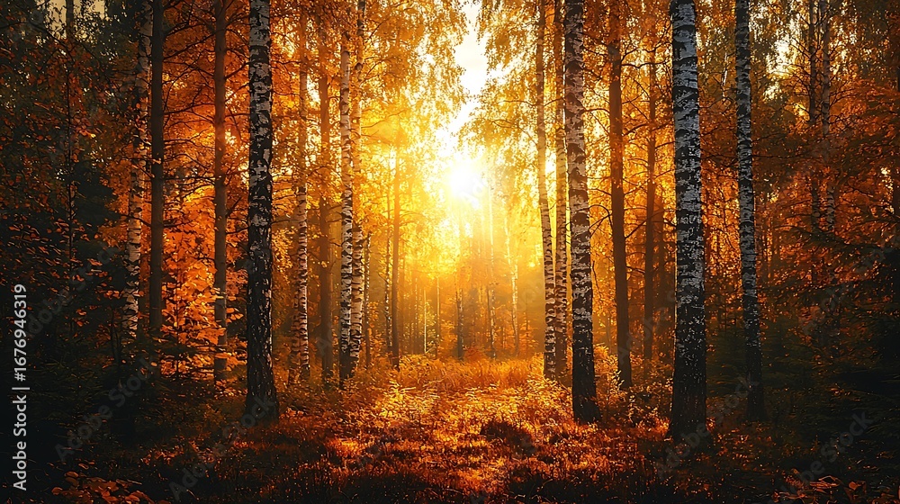 Obraz premium Expansive autumn forest with golden sky and falling leaves, peaceful natural scenery, tranquil woodland environment, sunlight filtering through trees, seasonal foliage panorama.