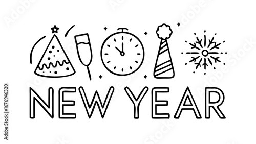 Festive New Year Celebration Icons fireworks clock