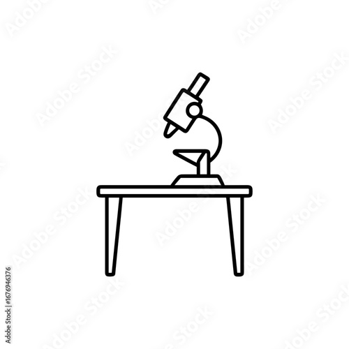 Laboratory microscope on a wooden table in flat design  