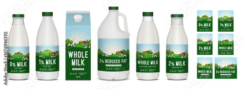 Vector milk labels and milk containers