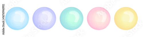 Hand drawn watercolor multi-color bubbles or balls or beads set isolated on white background. Spheres of pastel purple, light blue, green, pink and yellow color with paint texture. Vector illustration