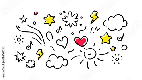 Hand drawn comic style stars and lightning bolts doodle