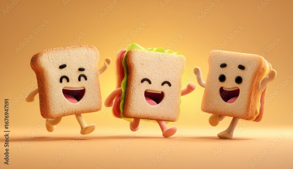 Fototapeta premium Three cheerful cartoon bread slices with smiling faces and arms, standing on a wooden with a warm, glowing background