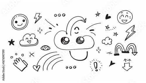 Hand drawn doodles of happy faces clouds lightning bolts and hearts illustration