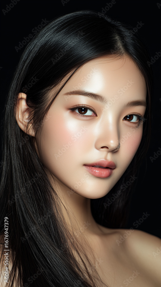 Obraz premium Natural beauty captured in a close-up portrait of a young Asian woman with long black hair and radiant skin