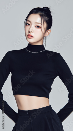 Fashion model poses elegantly in a stylish black outfit showcasing modern aesthetics and confidence