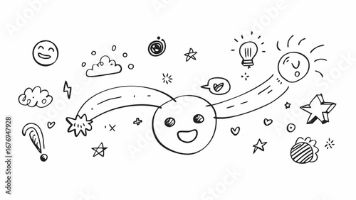 Happy face with rainbow and lightbulb doodle stars