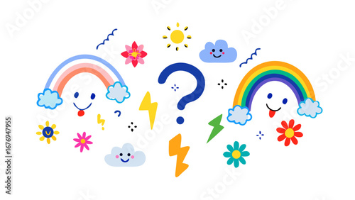 Happy rainbows sun clouds lightning bolts and flowers vector