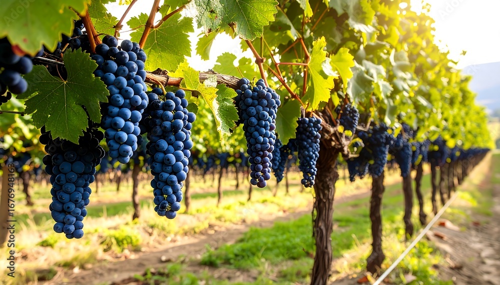 Naklejka premium Blue grapes on vines in vineyard
