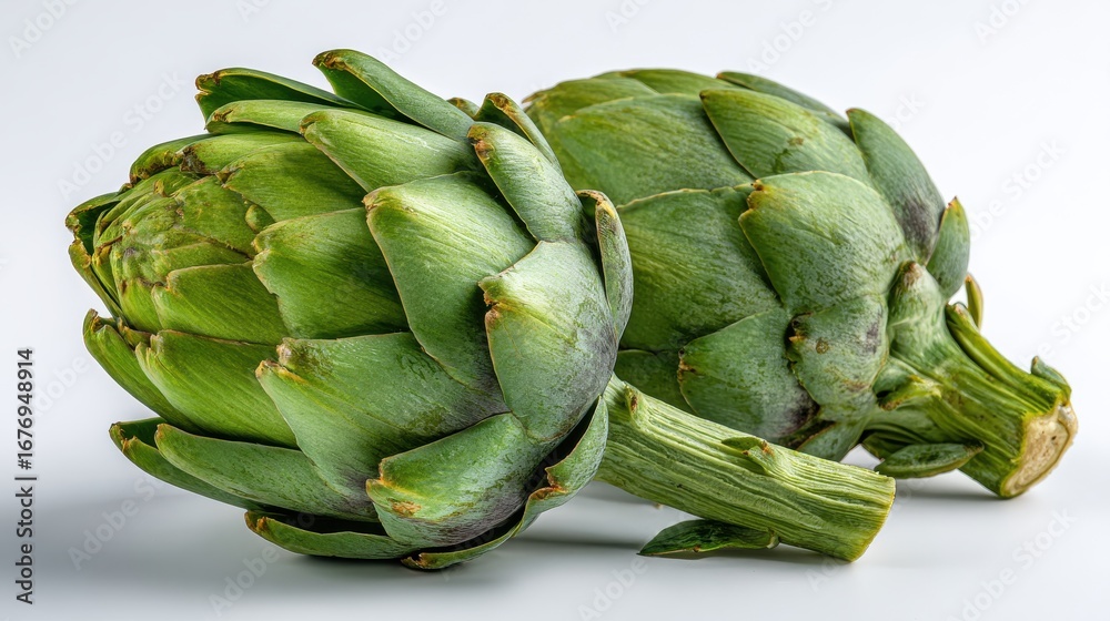 Fototapeta premium Fresh Green Artichokes Isolated on Light Background Showcasing Unique Texture and Natural Beauty of Vegetable Produce Perfect for Culinary Use
