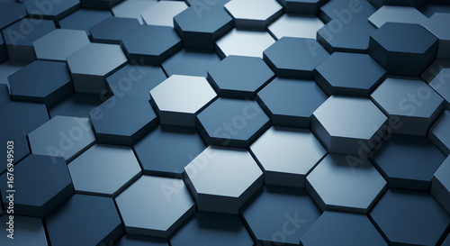 Abstract blue and grey hexagonal pattern background with 3D effect and geometric shapes.