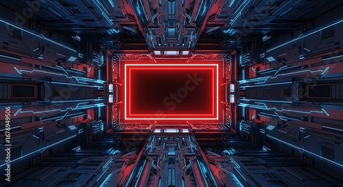Glowing Red Tunnel Futuristic Technology Background.