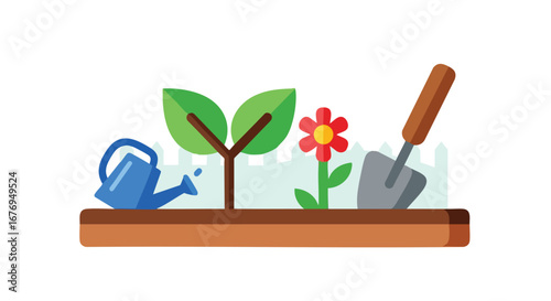 Whimsical Garden Scene with Young Plant, Blooming Flower, and Essential Gardening Tools Depicted in a Flat Vector Style