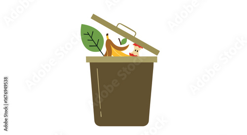 Stylized compost bin illustration with organic waste, promoting sustainable waste management and environmental awareness for recycling initiatives