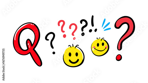 Red question marks and yellow smiley faces blue