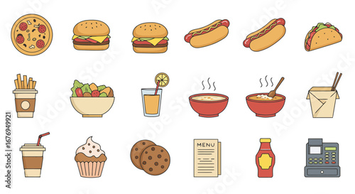 Colorful Fast Food and Restaurant Menu Icons:  Flat Design Vector Graphics for Web and Print.