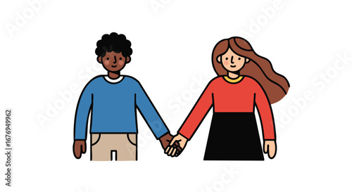 Cartoon illustration showing an interracial couple holding hands representing connection and affection in simple style perfect for use in digital