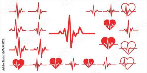 Red electrocardiogram heart rate line icons and symbols on white background pulse