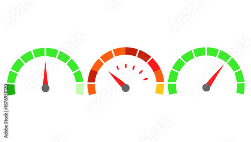 Speedometer gauges with red needles and color scale indicator