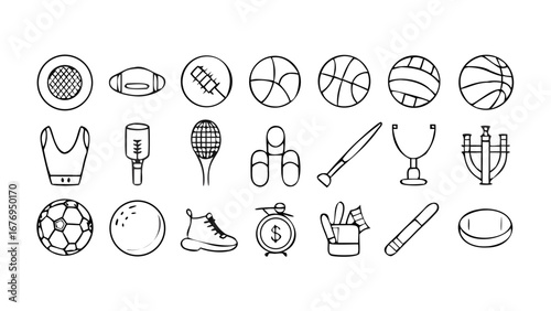 Sports equipment and athletic gear icons tennis racket sports shoe