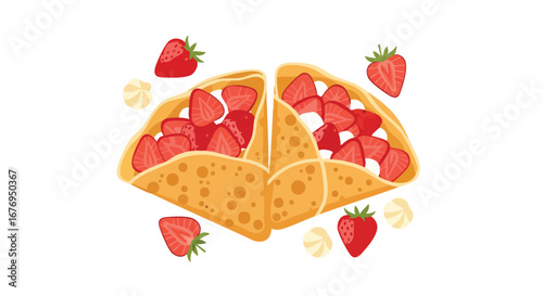 Delicious strawberry crepes cartoon illustration showcasing a sweet treat delight, perfect for food and dessert themed designs, isolated on white