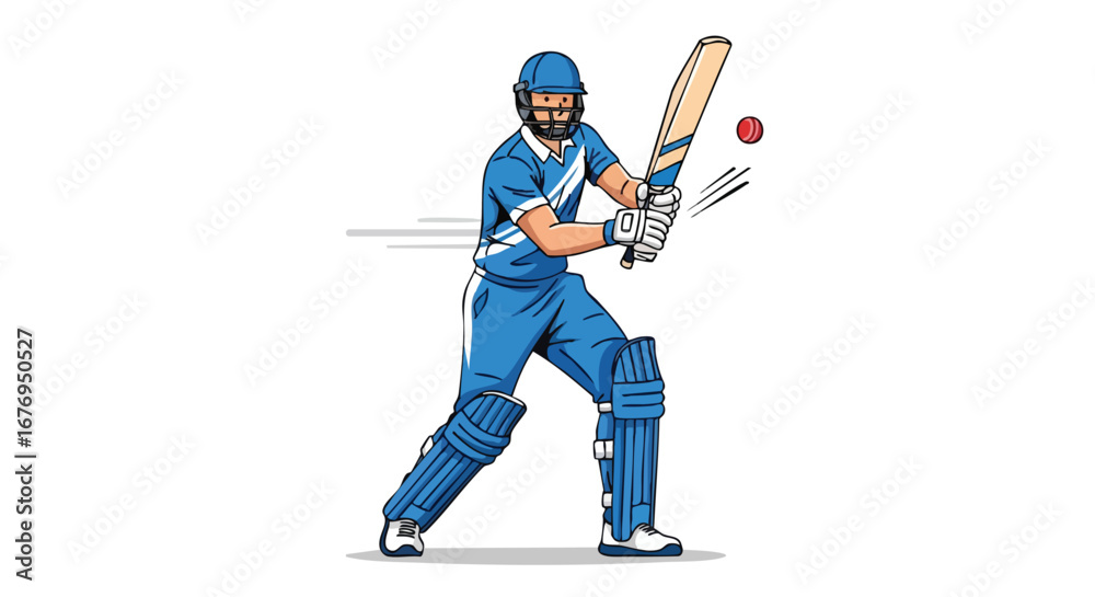 Obraz premium Dynamic illustration of a cricket player batting with full protective gear in vibrant blue uniform exhibiting focus and determination
