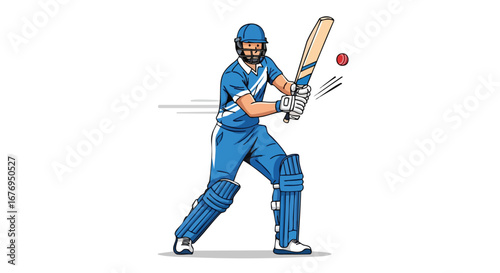 Dynamic illustration of a cricket player batting with full protective gear in vibrant blue uniform exhibiting focus and determination