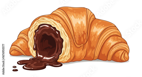 A delightful vector illustration capturing a golden croissant filled with rich, flowing chocolate creating an enticing dessert visual experience