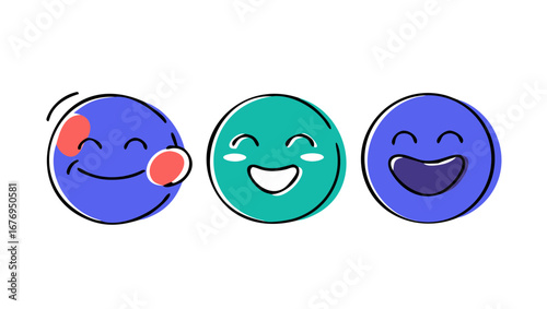 Three happy doodle faces smiling blue