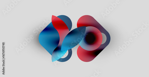 Abstract shapes overlap, creating vibrant red, blue gradients. Soft glow enhances visual depth, modern design aesthetic.