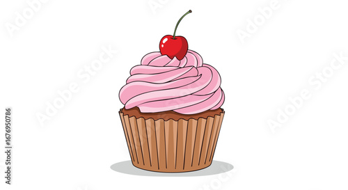 Delicate illustration of a cupcake with a swirl of pink frosting and a bright red cherry, inviting a touch of sweetness and joyful indulgence in an