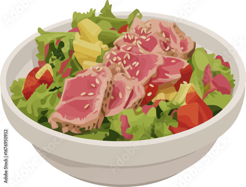 tuna salad with fresh greens and dressing, served in a white bowl, against a clean white background. Vector illustration