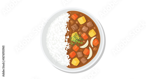 A tempting aerial view of a hearty Japanese curry and rice dish served on a white plate ready to eat