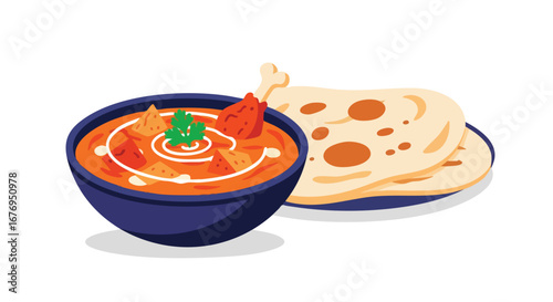 Delicious butter chicken dish alongside soft naan bread, offering a taste of authentic indian cuisine in a pleasing visual representation