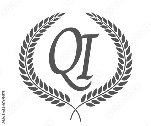 Initial letter Q and I, QI monogram logo design with laurel wreath. Luxury calligraphy font.