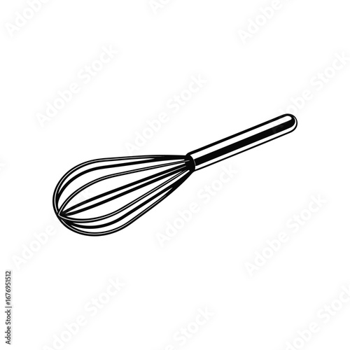 Whisk in isolation: A minimalist illustration of a classic whisk, presented in black and white against a clean backdrop, accentuating its form and design. 