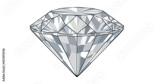 Illustration of a dazzling diamond cut solitaire with precision facets and high clarity on a white backdrop revealing refined elegance and brilliance