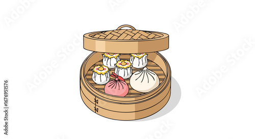 Authentic Dim Sum Delights: A Colorful Culinary Celebration in a Bamboo Steamer, a Traditional Asian Cuisine Presentation