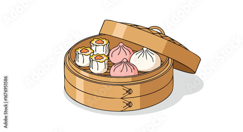 Authentic Asian Dim Sum Illustration: A Traditional Bamboo Steamer Basket Filled with Delicacies