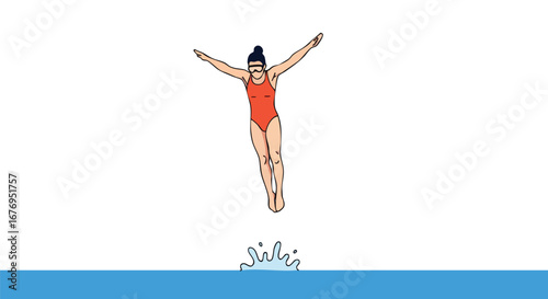 Woman poised mid-air for pool dive showcasing athleticism and summer recreation against a white backdrop highlighting active lifestyles