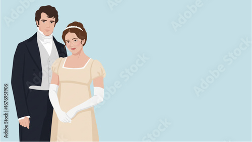 A regency era couple standing inspire by Pride and prejudice novel