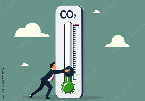 flat llustration of Man turning gauge arrow pointer to lowest level of CO2.  emission.