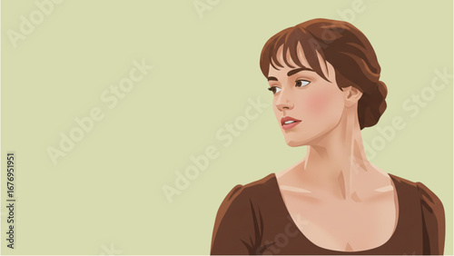 A portrait of a beautiful, smiling regency woman with elegant makeup, showcasing her blonde hair and captivating eyes inspire by Pride and Prejudice Jane Austen Novel