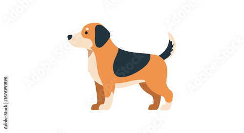 Stylized vector illustration of a Beagle-like dog standing profile with brown black and white coloring for design projects or graphics needing pet